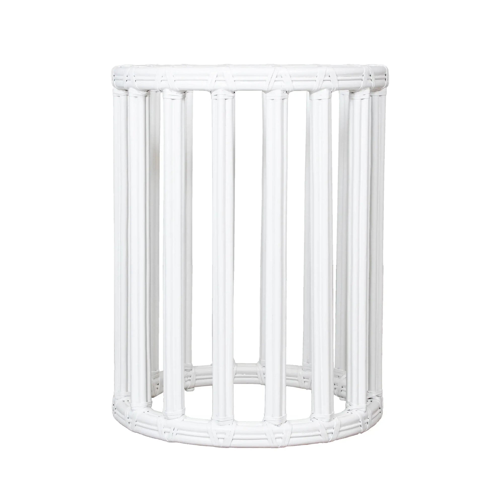  Front detail view of the White round metal table base with rattan, emphasizing elegant craftsmanship and finish.