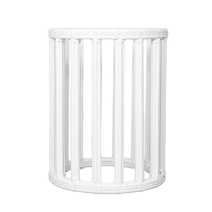  Front detail view of the White round metal table base with rattan, emphasizing elegant craftsmanship and finish.