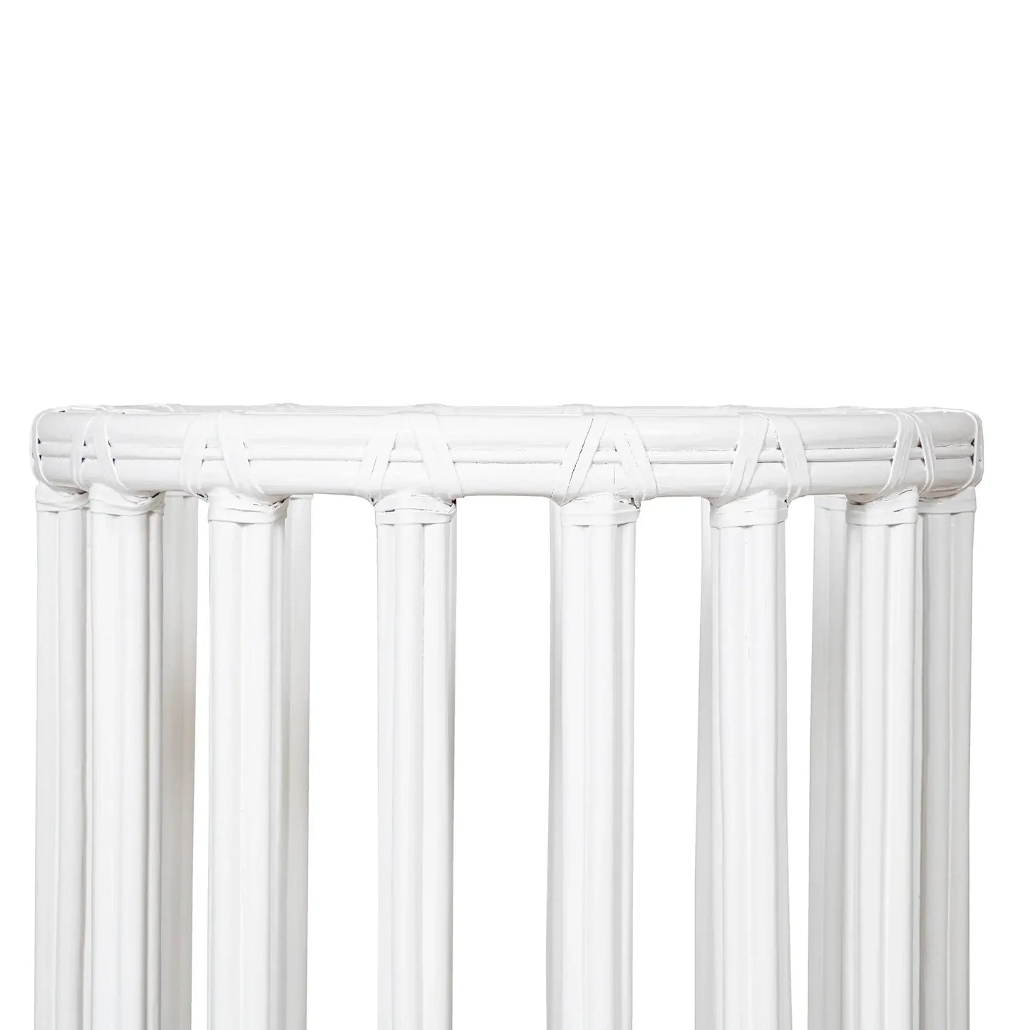 Top detail view of the White round metal table base with rattan, highlighting intricate weave and finish.