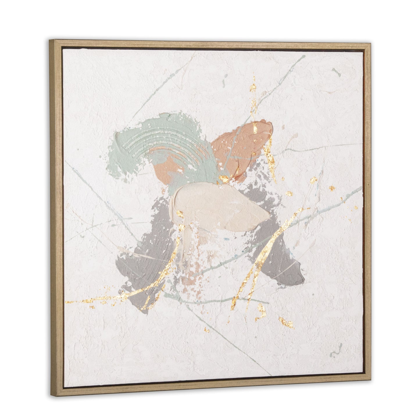 Hand-painted abstract canvas with white, green, beige, and gold accents in a gold frame.