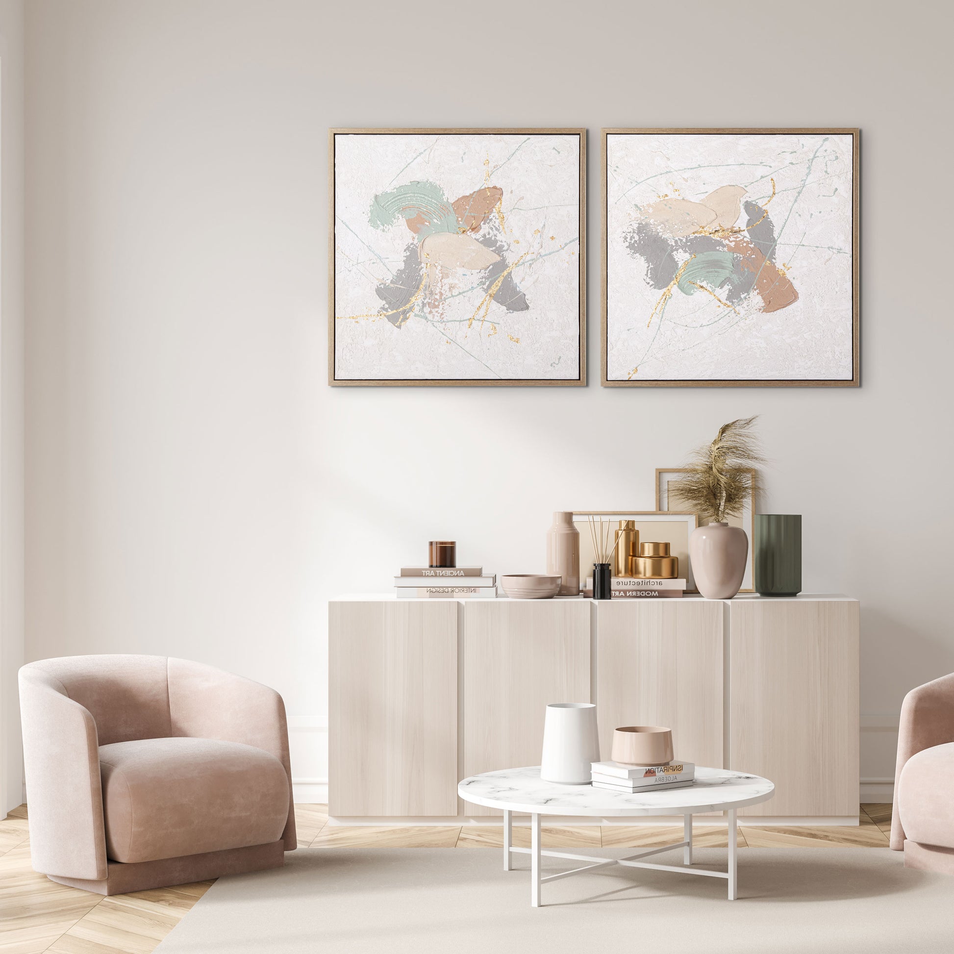 Symphonic Serenity I displayed in a minimalist living room with soft beige tones.