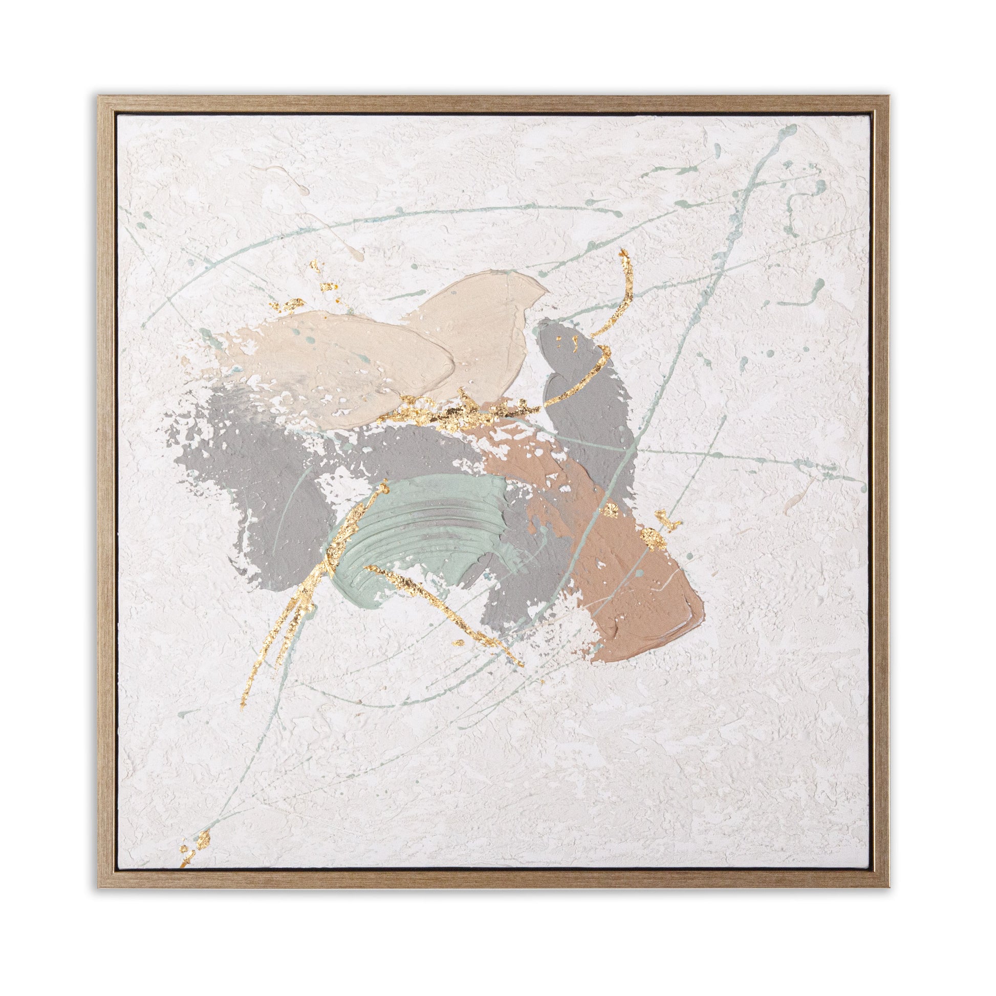 Abstract painting with textured white canvas, soft green, beige, grey, and terra cotta tones, framed in gold.