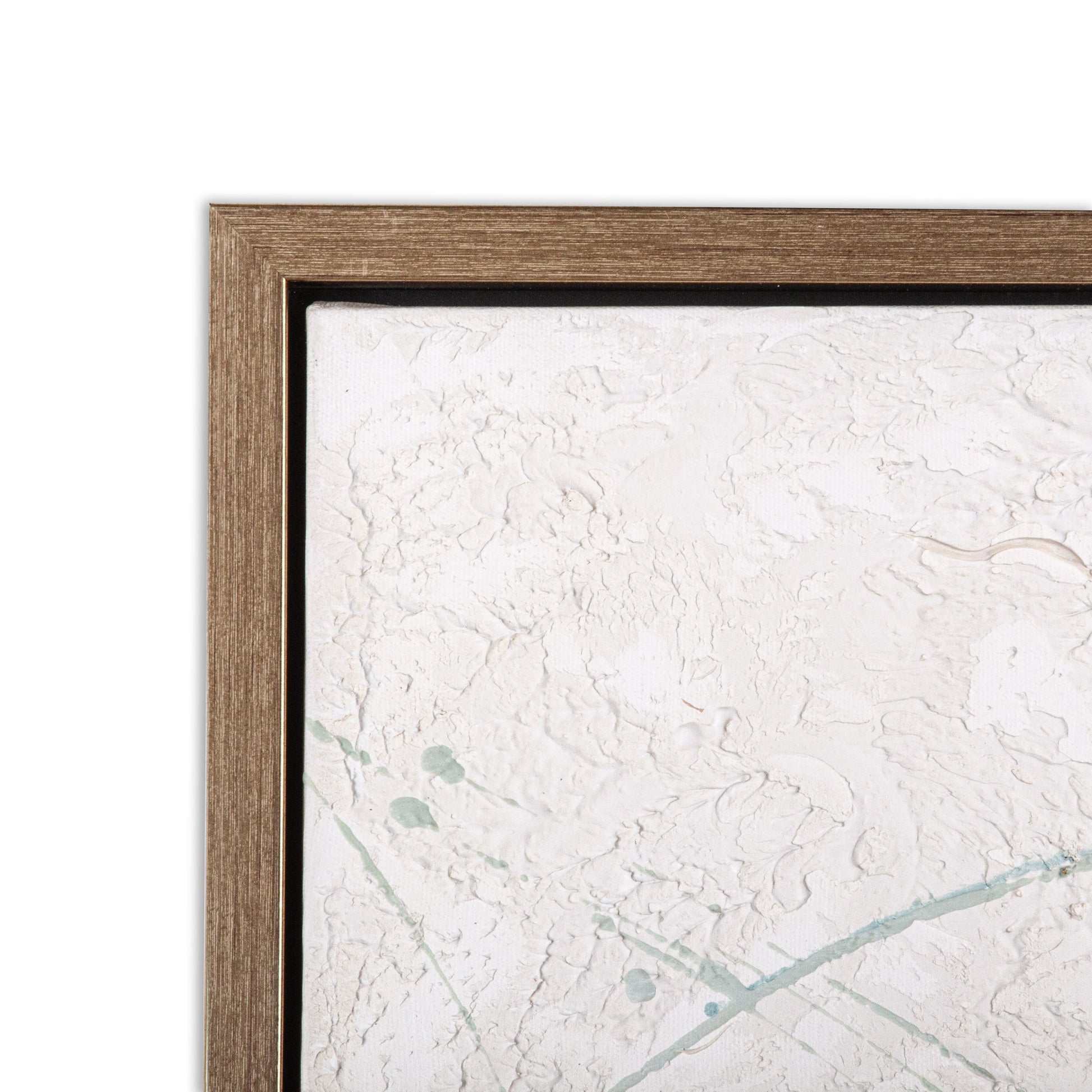 Corner of the gold frame showcasing the textured white background with light green strokes.