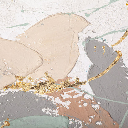 Close-up of textured green and gold foil accents on the abstract canvas.