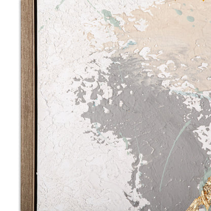 Detailed view of abstract painting with layered grey and beige textures, accented by gold foil.