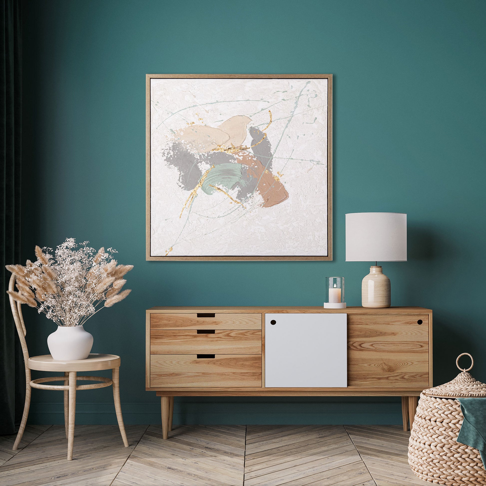 Symphonic Serenity II displayed in a modern room with teal walls, a wooden console, and natural decor.