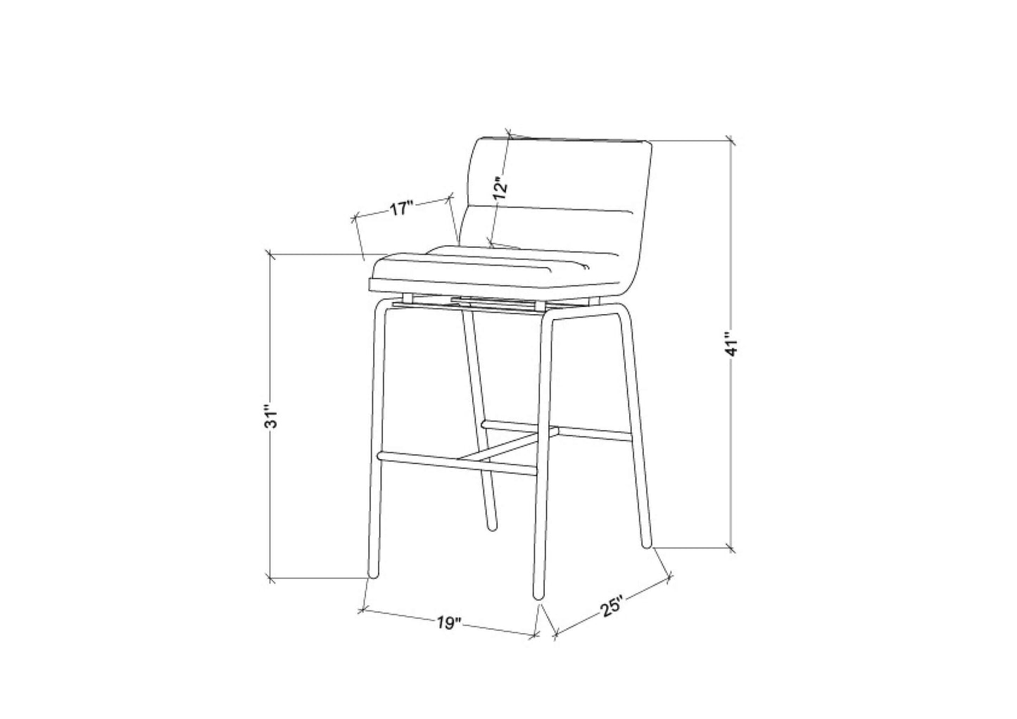 Line drawing of the Thomas Bar Stool by Surya, with dimensions detailed for easy reference.
