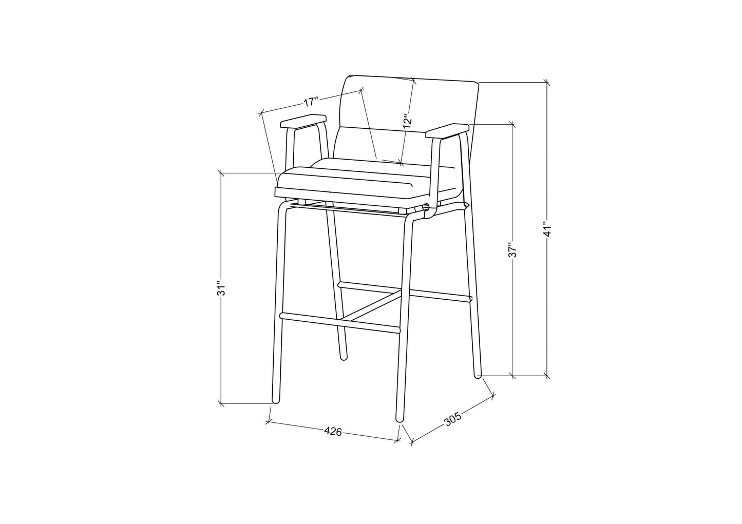 Technical line drawing of the Thomas Bar Stool by Surya, detailing dimensions and structure with a focus on the yellow seat and iron base.