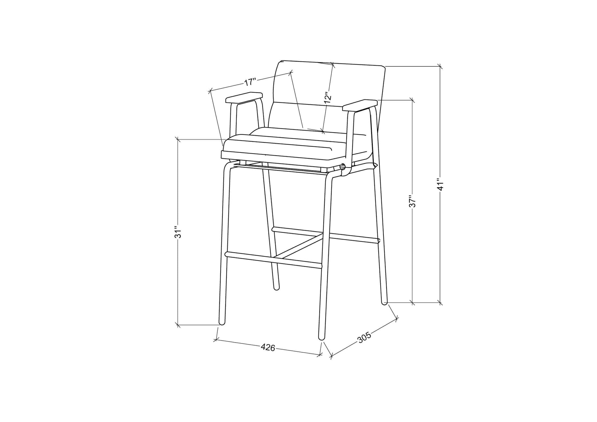 Technical line drawing of the Thomas Bar Stool by Surya, detailing dimensions and structure with a focus on the yellow seat and iron base.