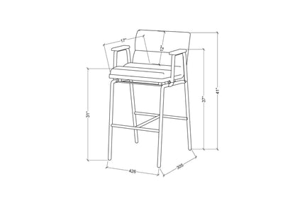 Technical line drawing of the Thomas Bar Stool by Surya, detailing dimensions and structure with a focus on the yellow seat and iron base.