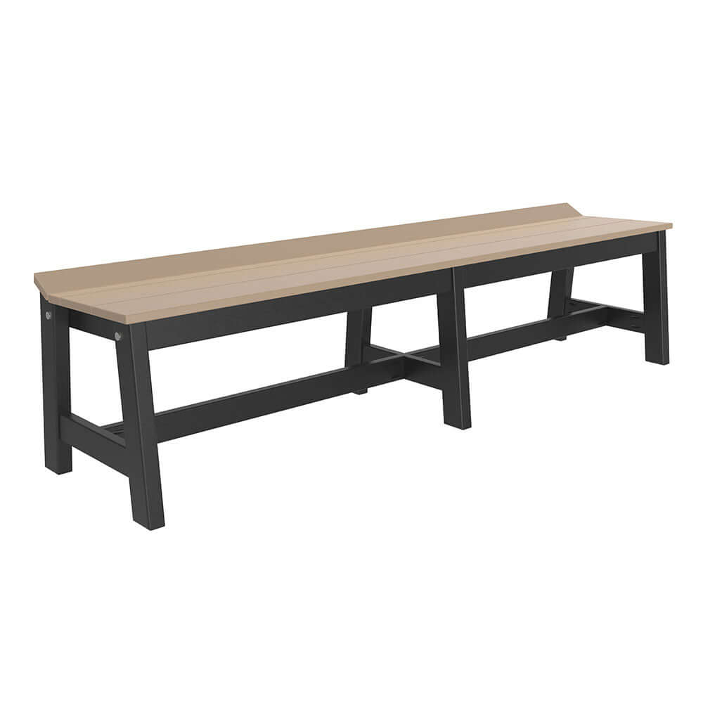 Weatherwood and Black LuxCraft Poly 72-inch Cafe Dining Bench on a white background, emphasizing its robust build and dual-tone finish suitable for elegant outdoor dining.