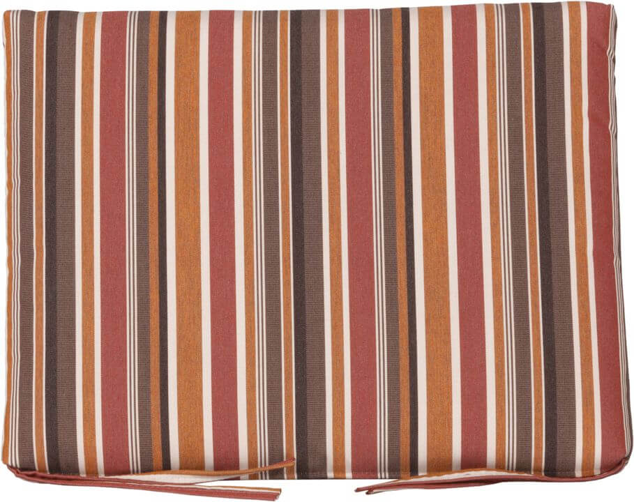 Outdoor seat cushion with Brannon Redwood striped pattern and tie-backs