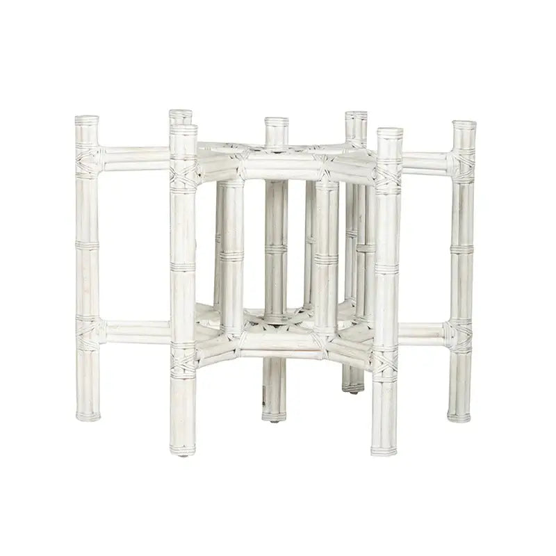 Front view of the white rattan hexagonal table base, ideal for coastal and modern interiors.