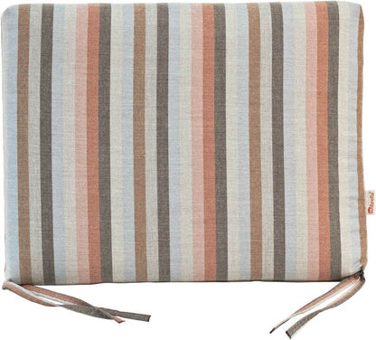 Outdoor seat cushion featuring striped pattern in Surround Dusk tones of grey, cream, and muted pink.