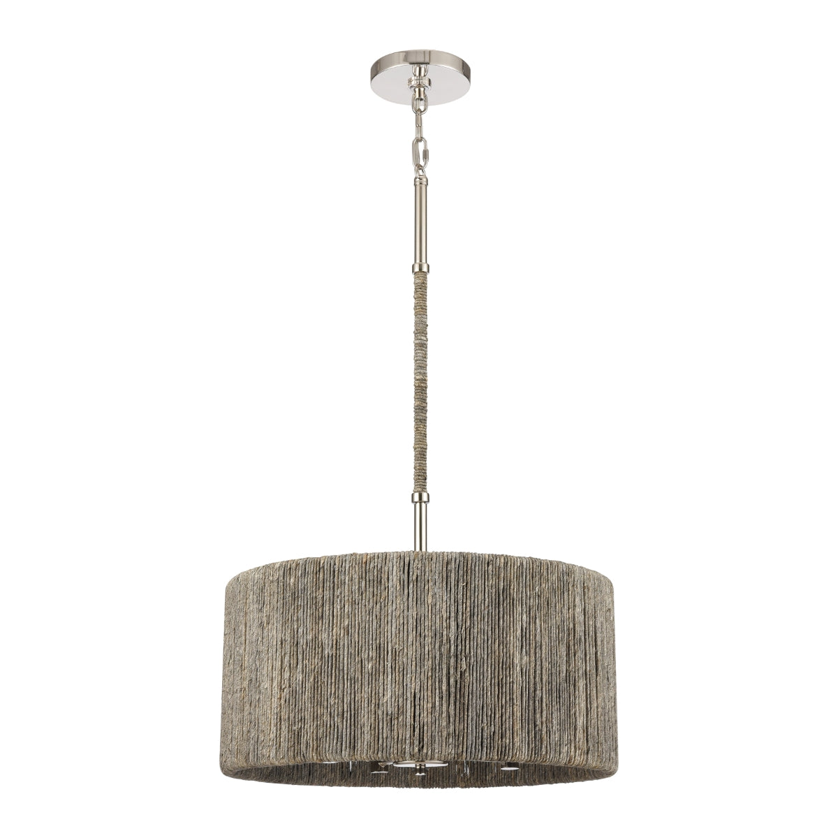 Full view of Abaca rope chandelier with polished nickel accents.