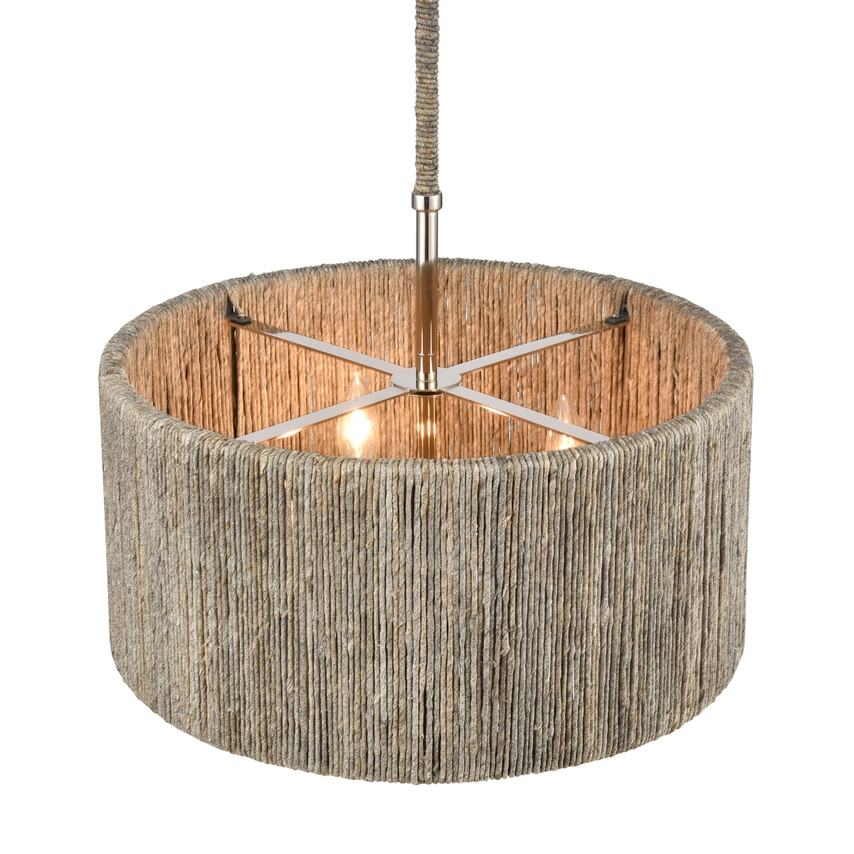 Interior of Abaca rope chandelier with natural rope texture and polished nickel hardware.