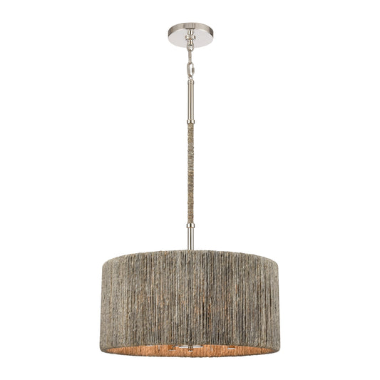 Side view of chandelier showcasing sleek polished nickel stem and rope details.