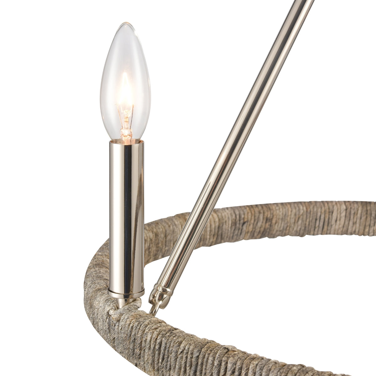 Illuminated candlestick bulb mounted on Abaca rope ring with polished nickel details.