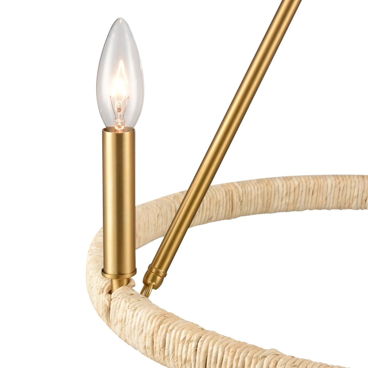 Illuminated candlestick bulb mounted on the Abaca rope frame and gold finish.
