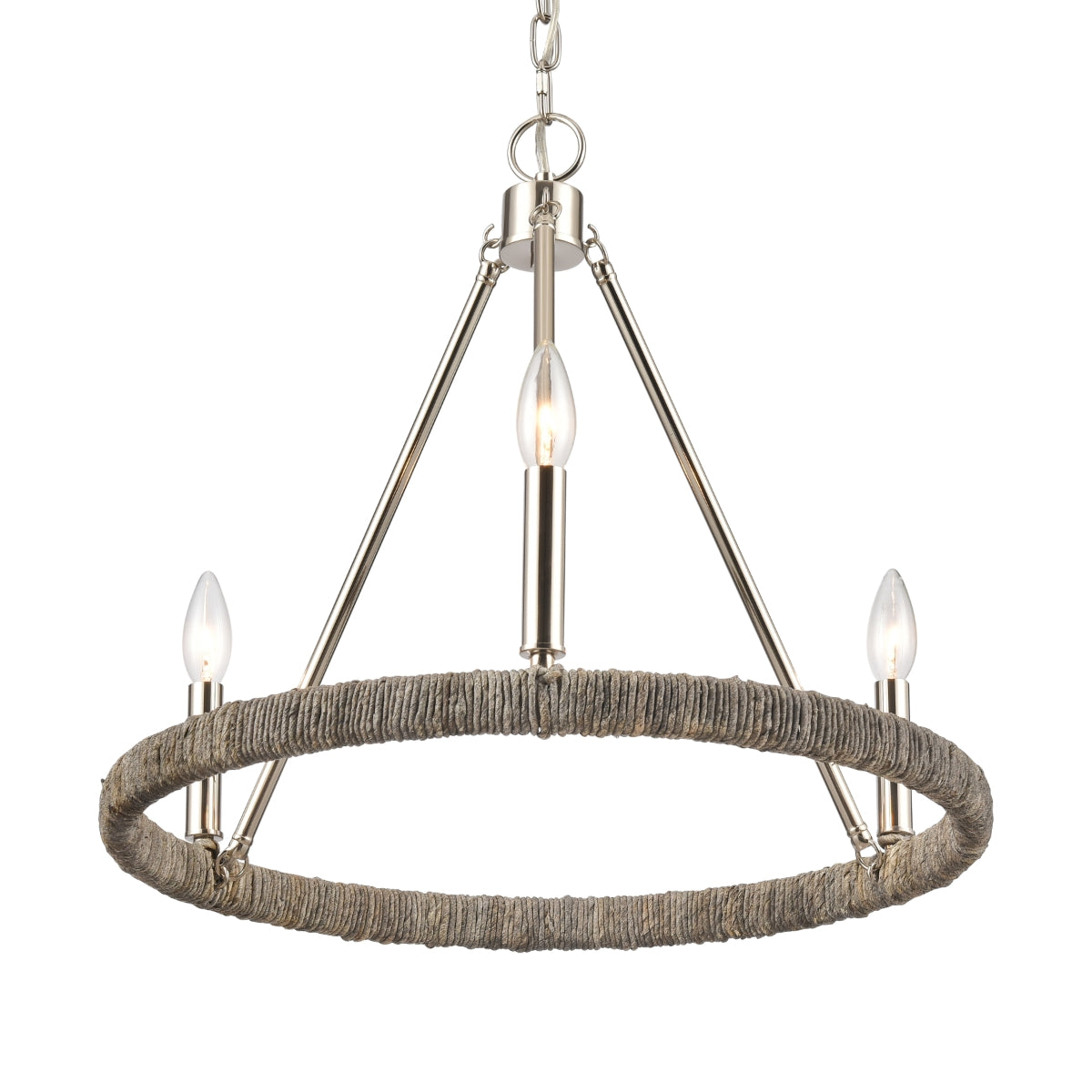 Close-up of the chandelier showing Abaca rope texture and polished nickel frame.