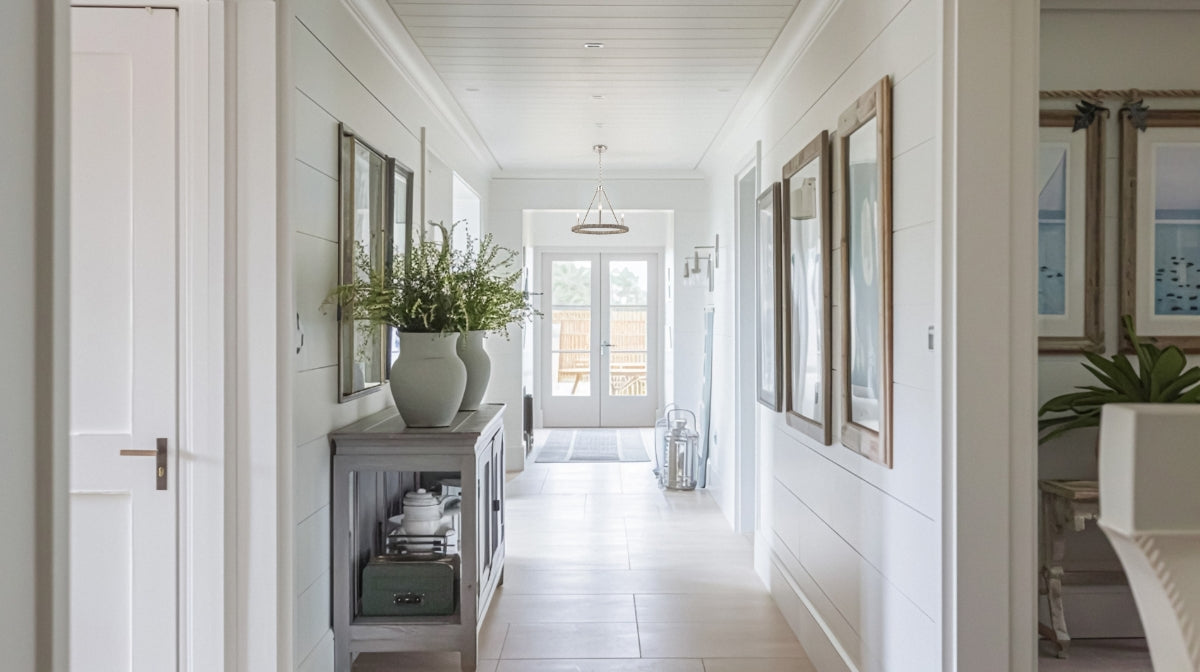 Lifestyle shot of the chandelier in a bright, welcoming entryway.