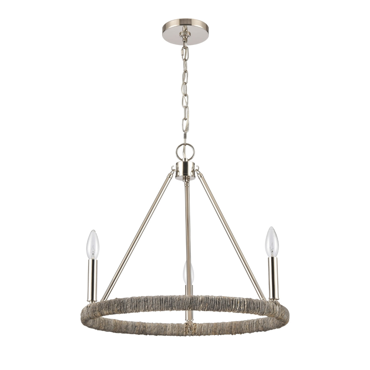 Angled view of the chandelier showcasing metallic arms and Abaca rope ring.