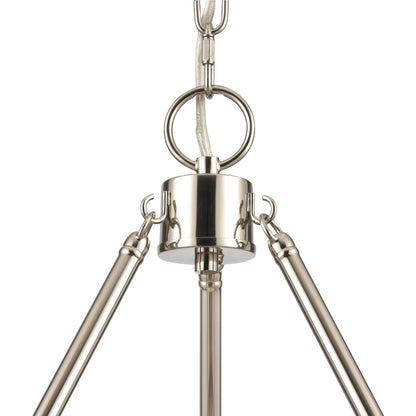 Close-up of the chandelier's polished nickel central fixture and support arms.