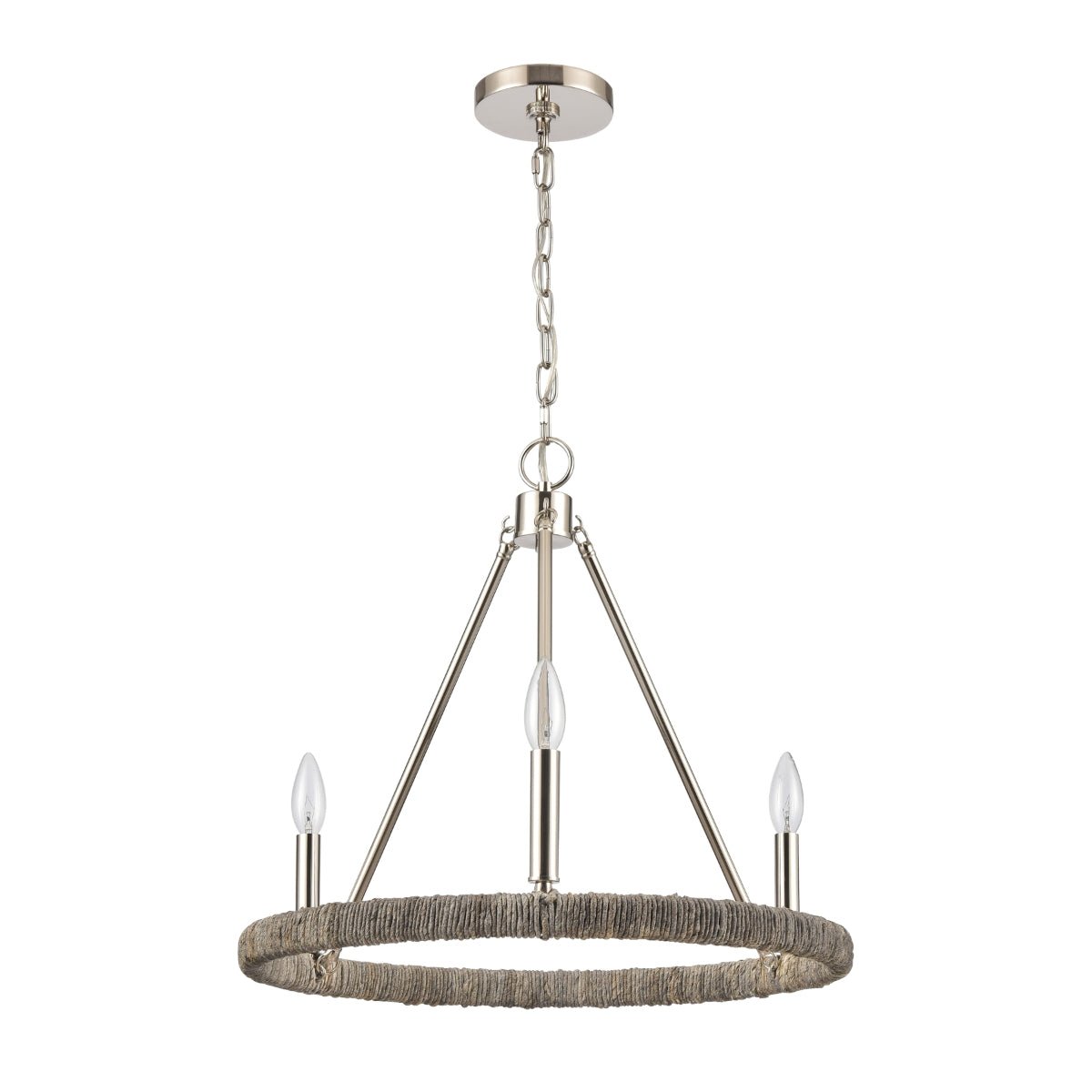 Abaca rope chandelier in polished nickel with three candlestick-style lights.