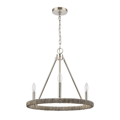 Abaca rope chandelier in polished nickel with three candlestick-style lights.