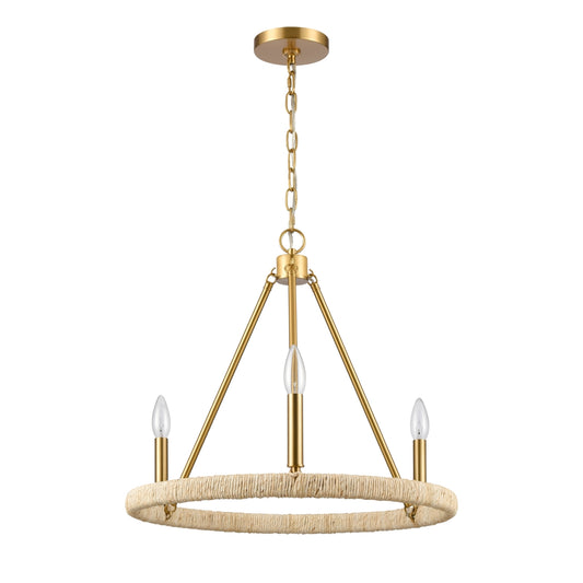 Elegant gold chandelier with rope accents and three light fixtures.