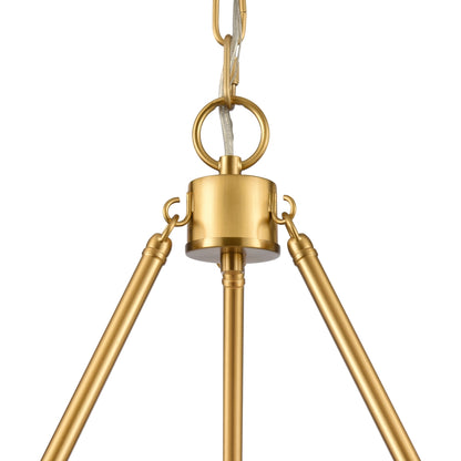 Close-up of gold chandelier base with three arms connecting to the frame.