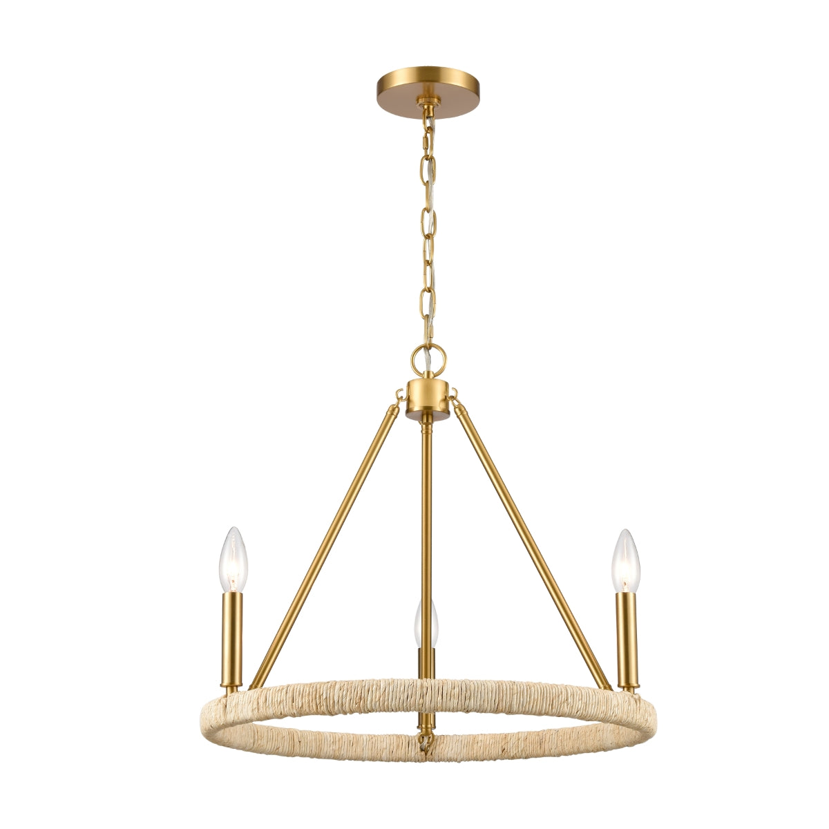 Gold chandelier with a circular rope frame and three candle-style lights.