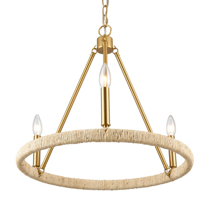 Gold chandelier with rope-wrapped frame and three candelabra-style lights.