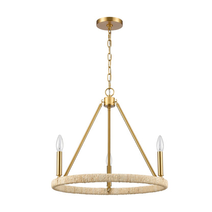 Minimalist gold chandelier with natural rope-wrapped circular frame.