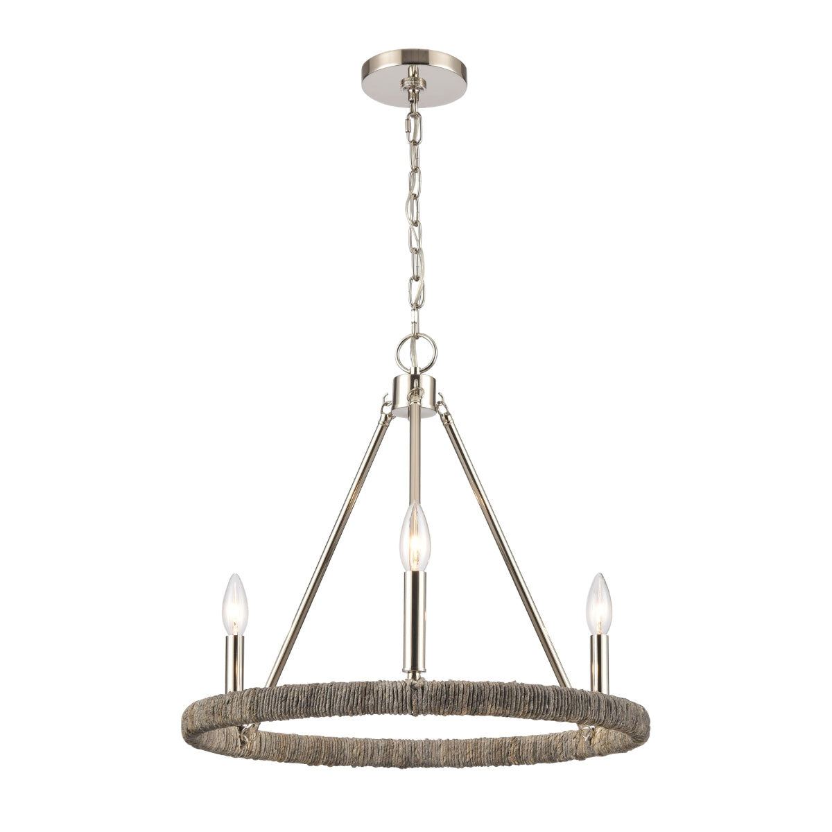 Full view of Abaca rope chandelier in polished nickel with three candlestick-style lights.