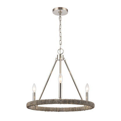 Full view of Abaca rope chandelier in polished nickel with three candlestick-style lights.