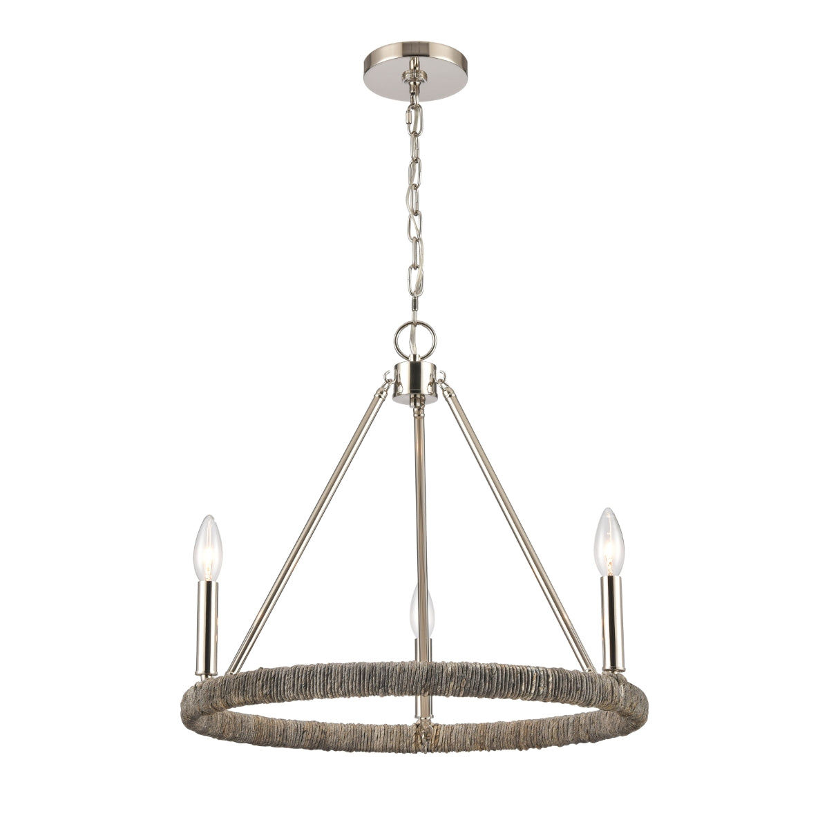 Abaca rope chandelier with three nickel candlestick-style bulbs and circular frame.