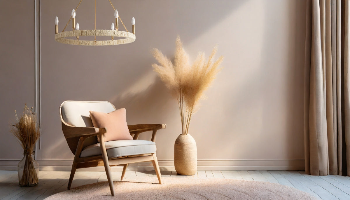 Elegant chandelier in a minimalist beige room, creating a warm and inviting atmosphere.