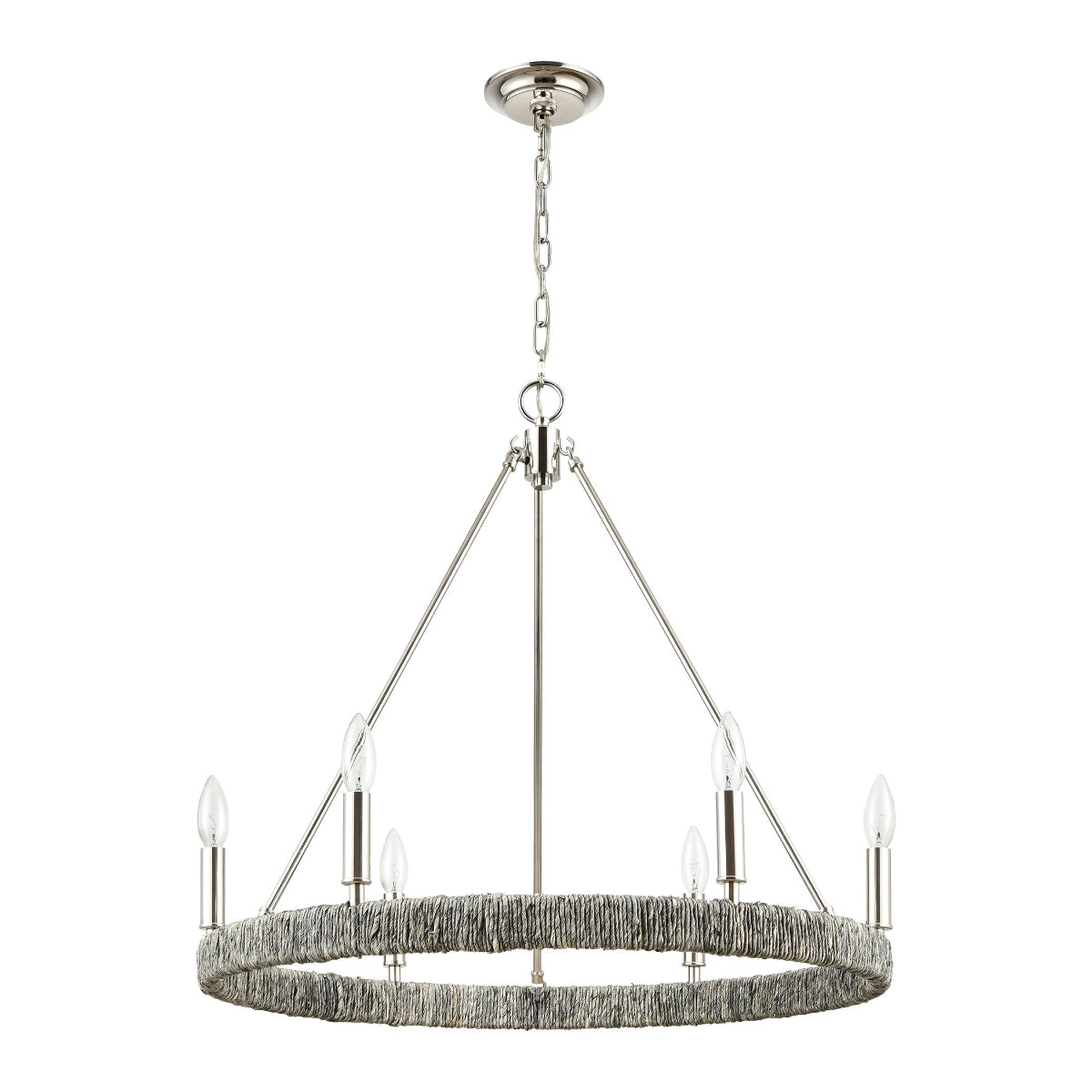 Polished nickel chandelier with gray Abaca rope and candle-style bulbs.