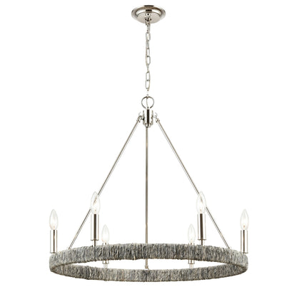 Polished nickel chandelier with hand-wrapped Abaca fibers and six candle-style bulbs.