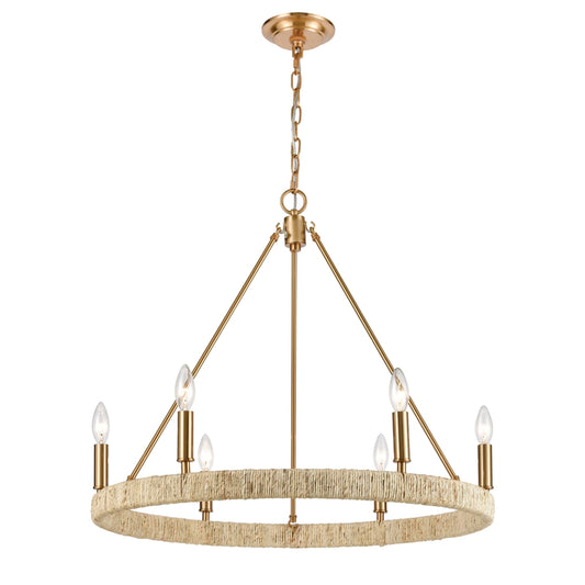 Full satin brass chandelier with Abaca-wrapped frame and six bulbs.