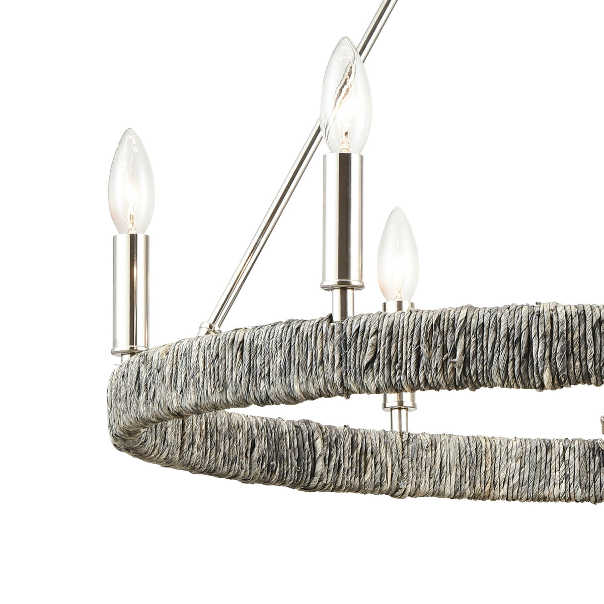 Gray Abaca rope detail on polished nickel chandelier.