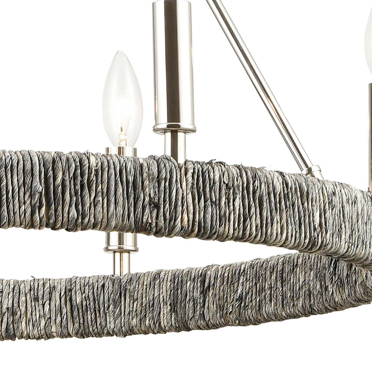 Close-up of gray Abaca rope detail on a polished nickel chandelier.