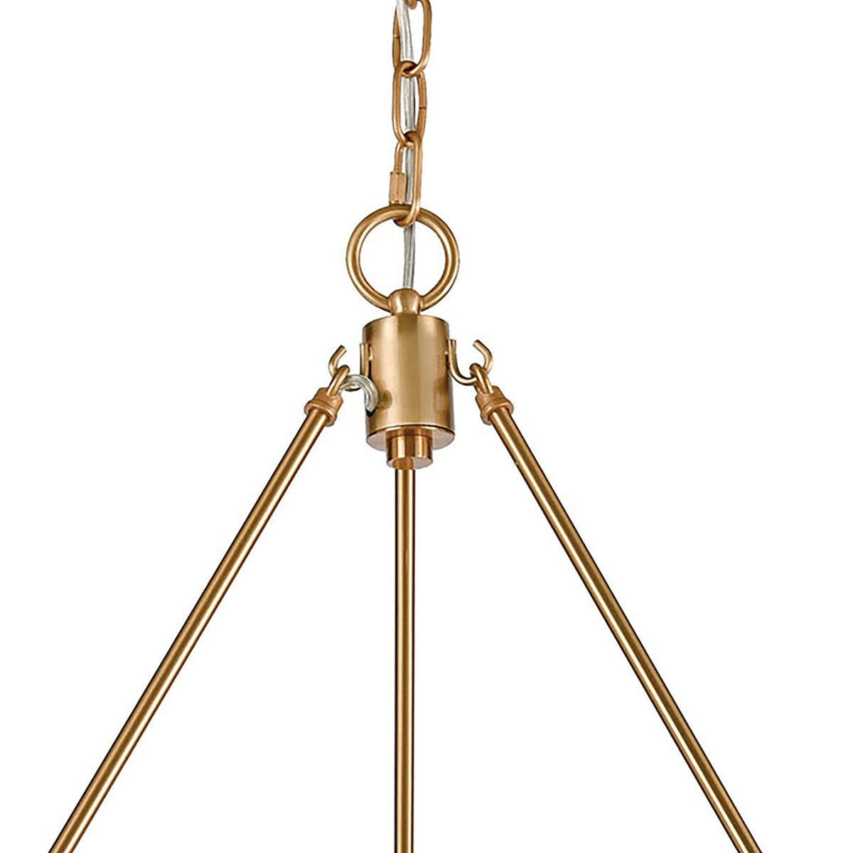 Satin brass chandelier canopy with chain and adjustable rods.