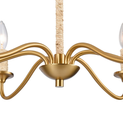 Gold chandelier base with curved arms and abaca-wrapped pole.