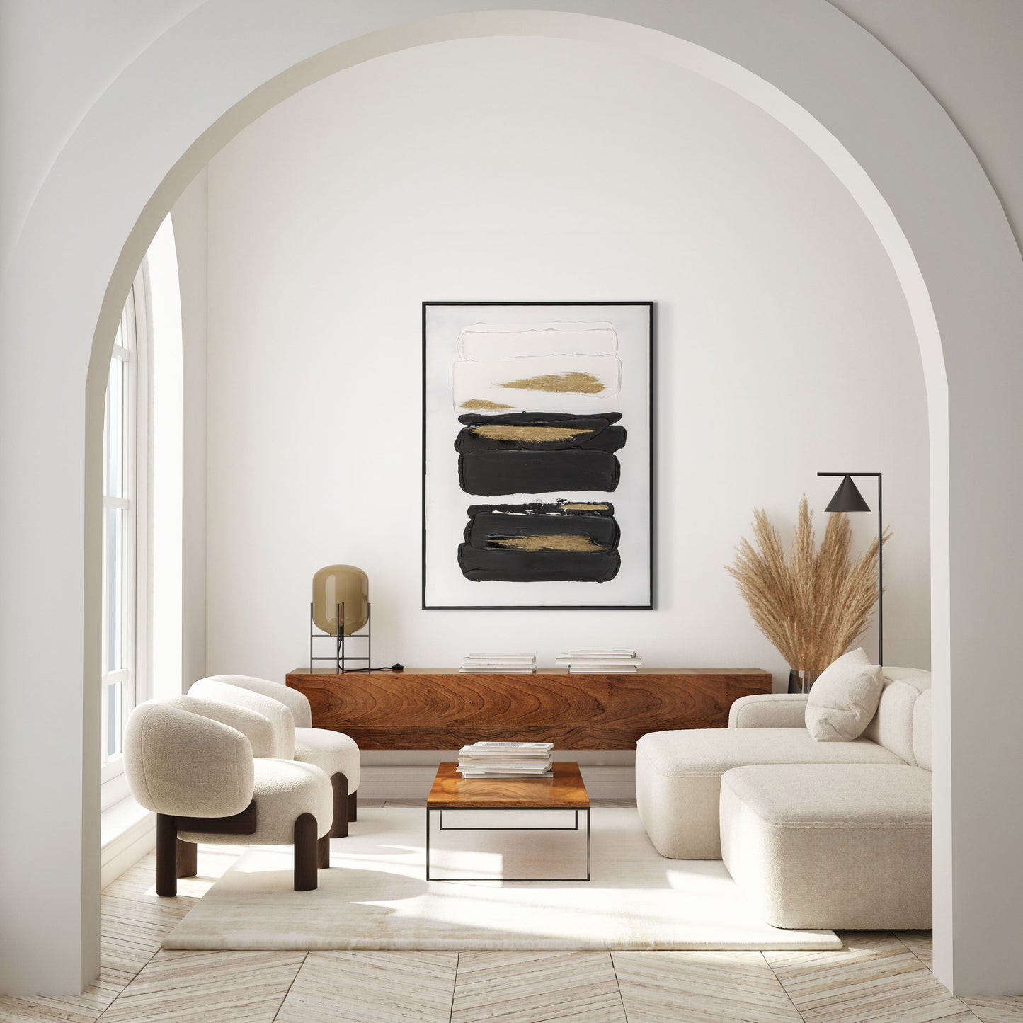 Abstract Harmony painting displayed in a modern living room with a wood-accented buffet and neutral tones.