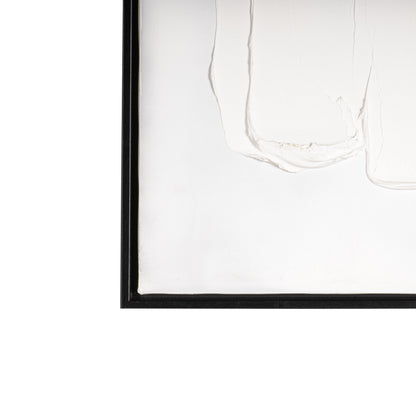 Detail of white brushstrokes on Abstract Harmony canvas with a sleek black frame for a modern finish.