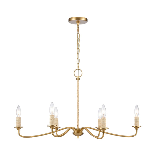 Full view of brushed gold chandelier with six candelabra lights.