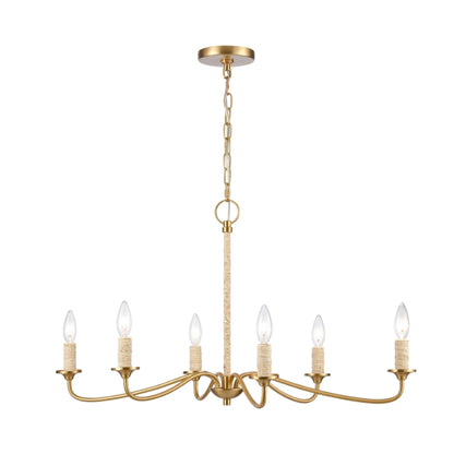 Gold chandelier with a minimalist design, six arms wrapped in natural rope details.