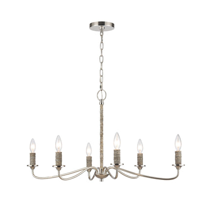 Elegant six-arm chandelier in polished nickel with natural rope-wrapped details.